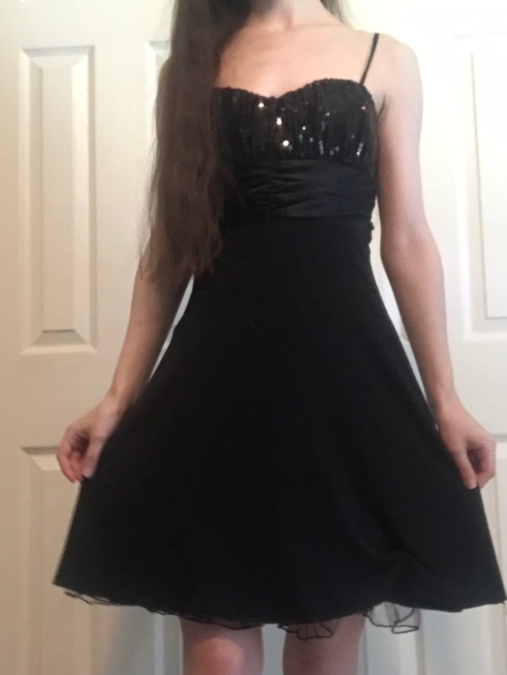 Black tie waist sequined dress mini prom hoco dance homecoming sparkly  Open to